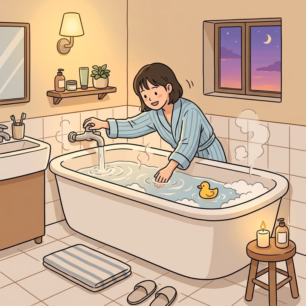 She fills the tub with warm water after a long day.