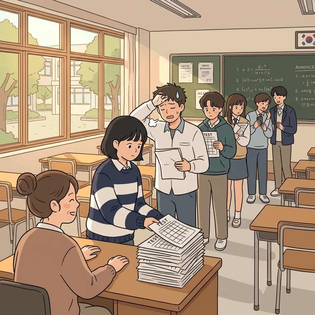 Students turn in their exam papers to the teacher at the front desk.