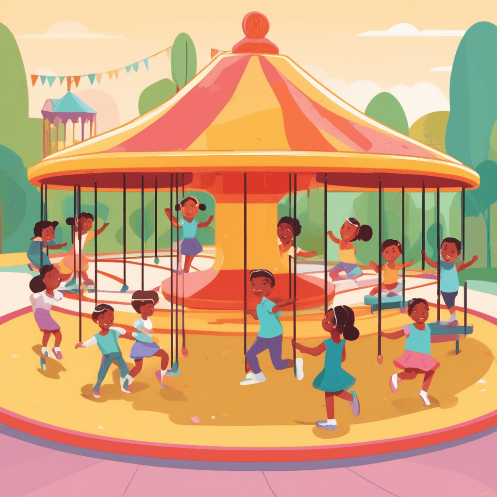a young girl pushes the metal handles of a merry-go-round with both hands, causing it to spin faster. Three other children sit on the circular platform, holding tight as they rotate around and around. The spinning motion makes their hair flow backward and creates motion blur lines showing the circular path. As the merry-go-round gains speed, the children's expressions show excitement and joy from the rotational movement. A few children waiting nearby watch the spinning platform move in its continuous circular motion. the merry-go-round turning in a circular direction as children experience the rotating movement