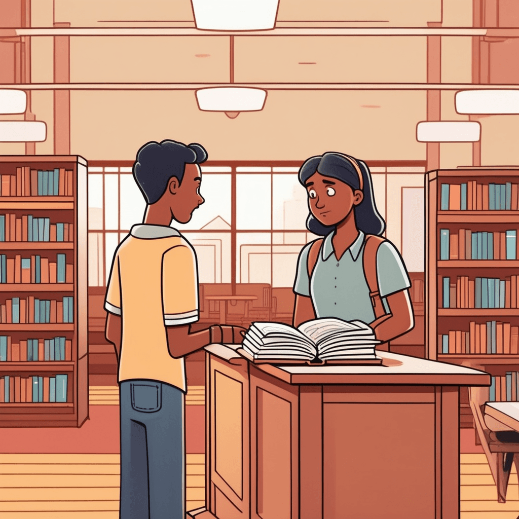 a confused student approaches a friendly librarian with an open textbook in hand, pointing at a difficult problem. The student's face shows worry and frustration as they gesture toward the confusing material. The librarian immediately stops organizing books and leans forward with a warm, encouraging smile. She points to the textbook and begins explaining while the student's expression changes from worry to relief. Other students in the background notice the helpful interaction taking place. someone going to another person for help, advice, and support