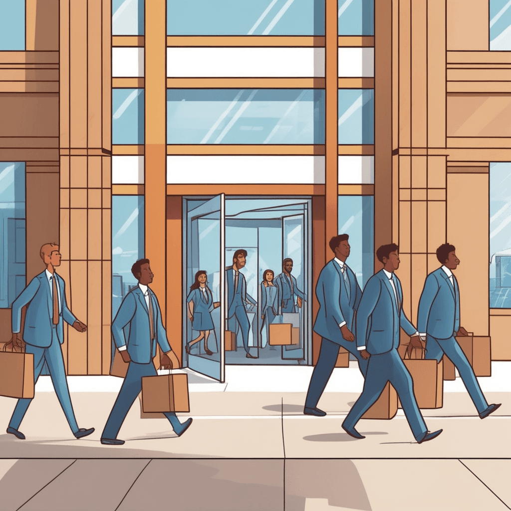 multiple employees are walking out the front door carrying cardboard boxes while new employees simultaneously enter from the other side. The departing workers look tired and frustrated as they exit with their belongings. At the same time, nervous-looking new hires walk in carrying fresh briefcases and folders. A stressed manager stands in the middle trying to coordinate the constant flow of people coming and going. Other office workers at nearby desks watch the continuous parade of departures and arrivals with concerned expressions. the rate at which employees leave a company and are replaced by new employees