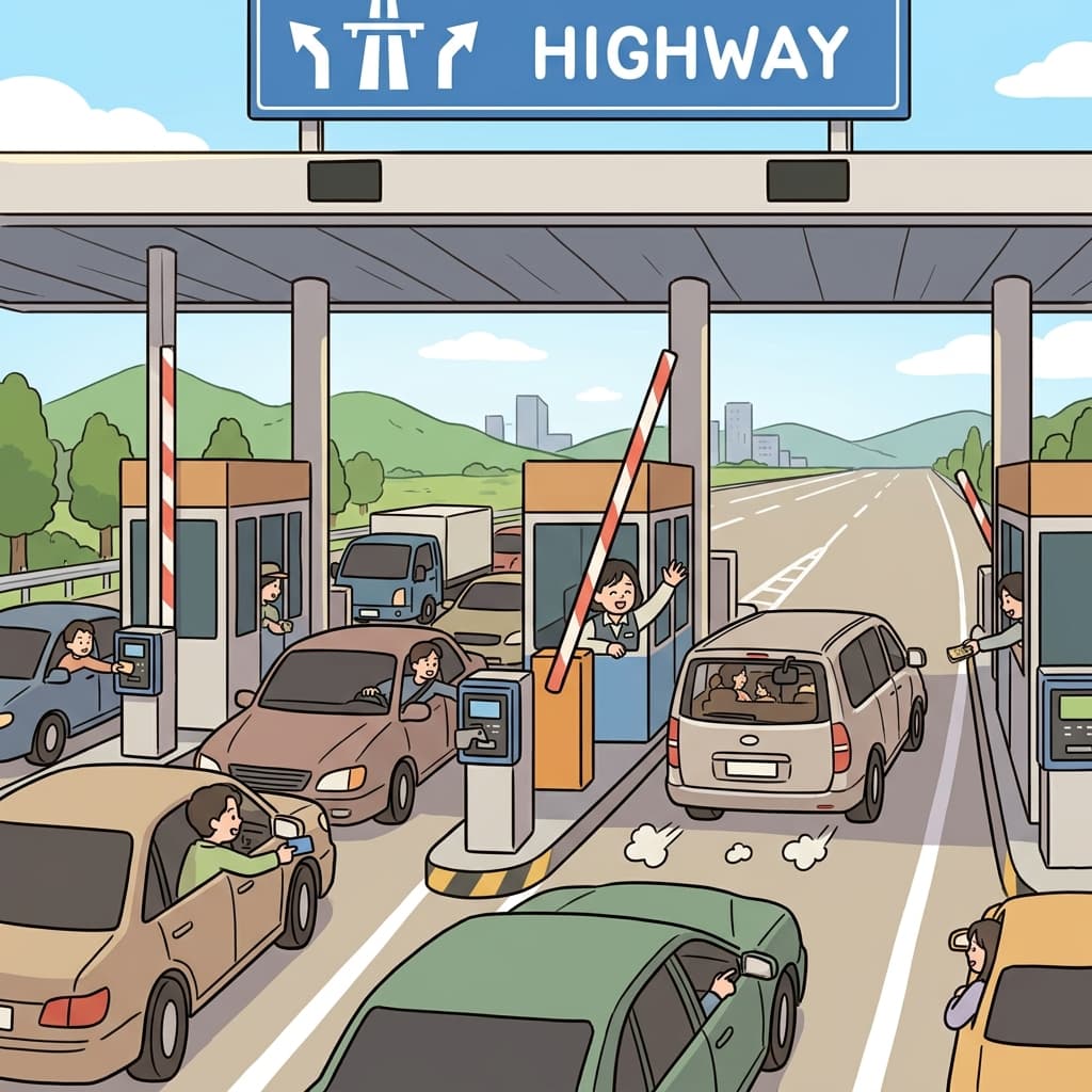 Drivers stop at the turnpike booth to pay before speeding onto the highway.