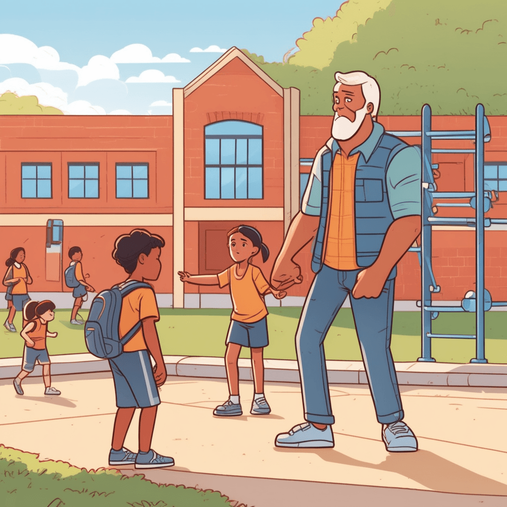 a tall older student steps forward with arms spread wide to shield a smaller child from approaching bullies. The older student's stance is firm and protective as three bullies stop in their tracks. The smaller child stands safely behind their protector, looking relieved and grateful. The bullies back away when they see the determined guardian blocking their path. Other children on the playground notice the protective intervention happening. someone having the role of protector or guardian