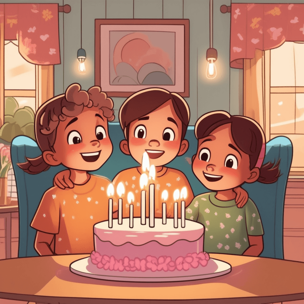 two identical young children sit side by side blowing out candles on the same birthday cake. Both children have exactly the same facial features, hair color, and are wearing matching outfits. Their parents stand behind them with huge smiles, clearly celebrating both children together. The cake has two sets of candles, one for each child, showing they share the same birthday. Other family members gather around taking pictures and clapping excitedly. two children born to the same mother at the same time celebrating together