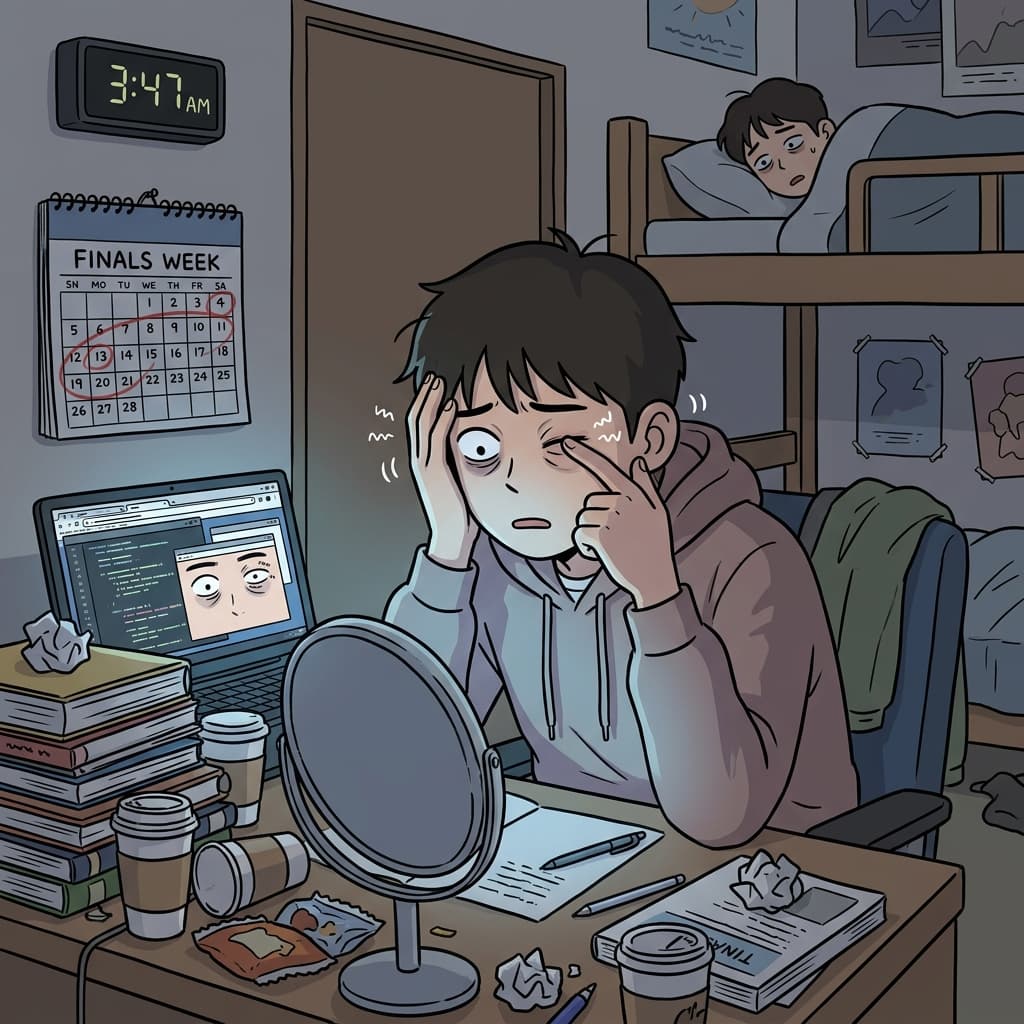 His eye began to twitch after three sleepless nights before finals.