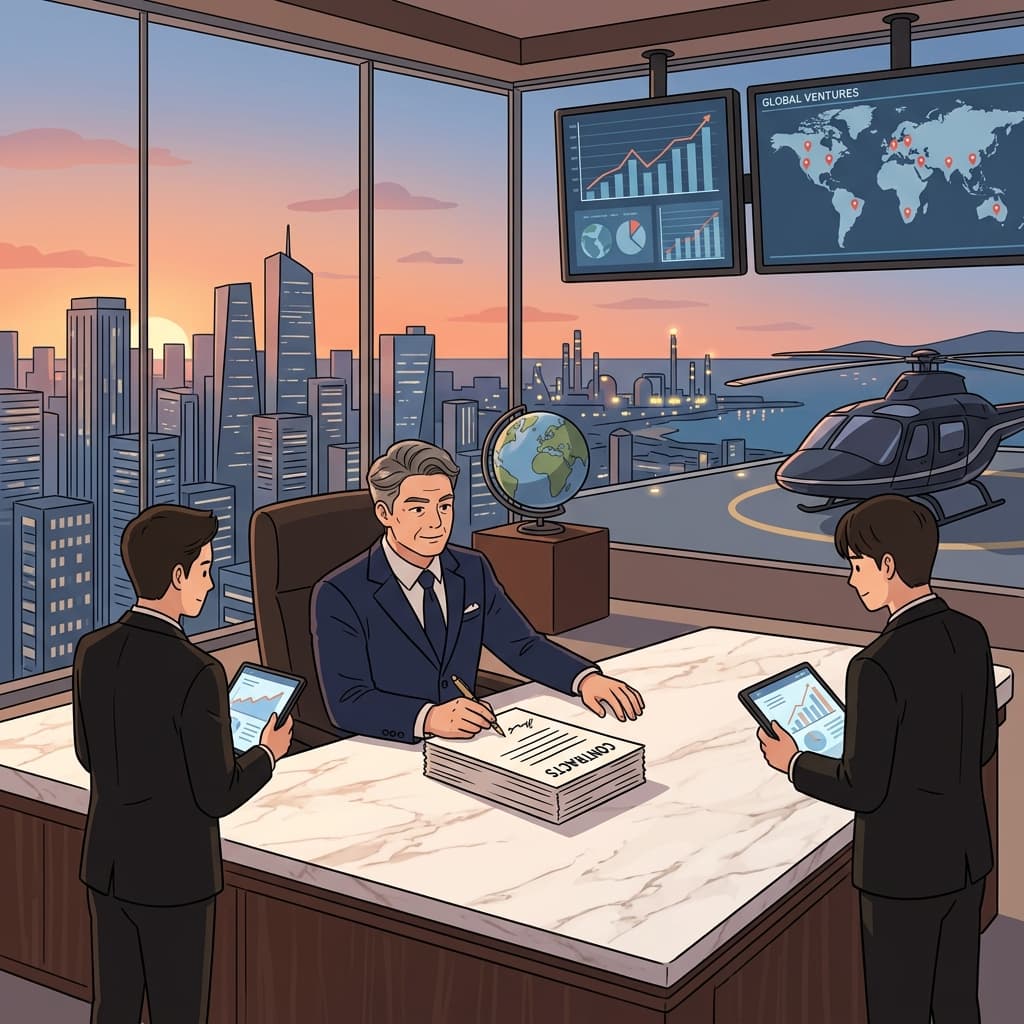 The oil tycoon signs another deal from his rooftop office overlooking the city.