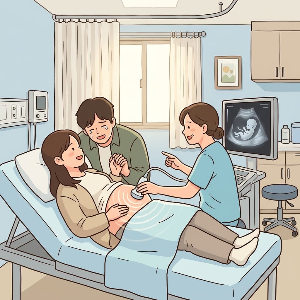The doctor uses an ultrasonic sound wave to see the baby on the screen.