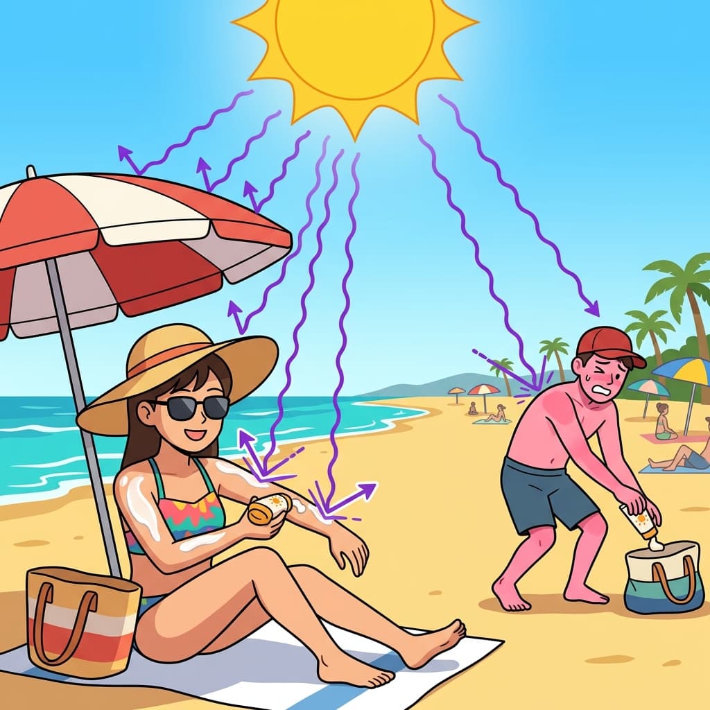 She applies sunscreen because ultraviolet rays from the summer sun damage skin.
