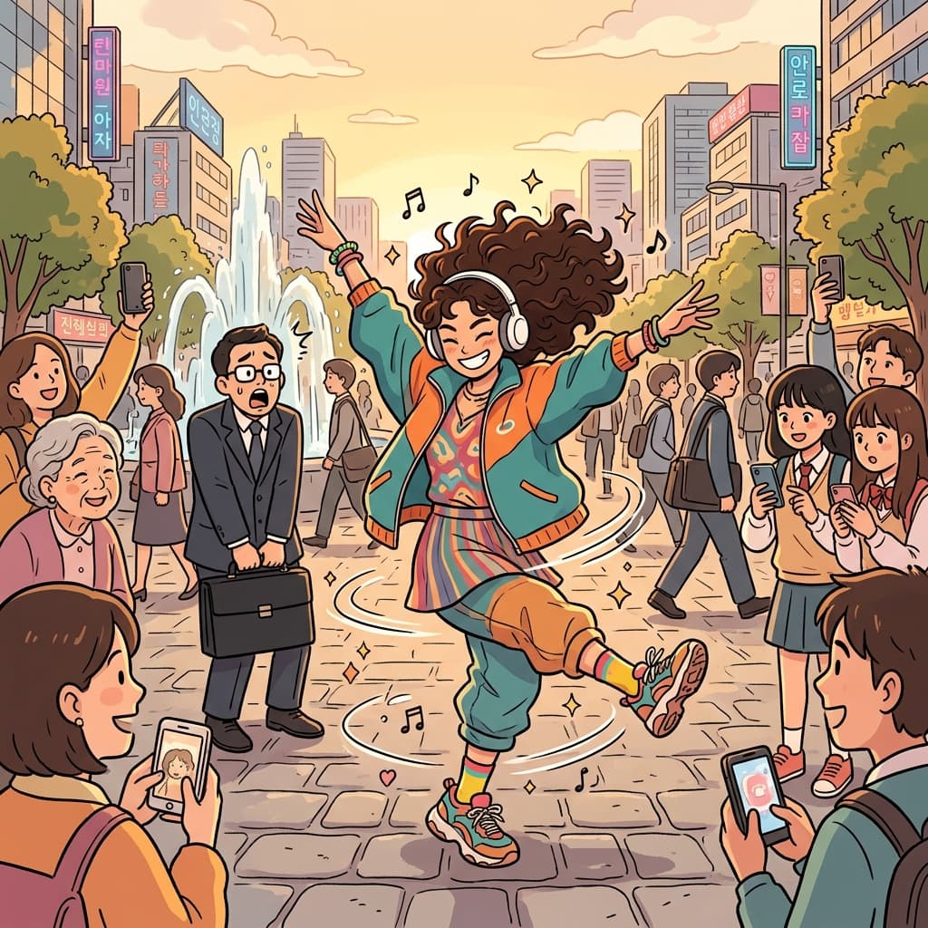 She dances unapologetically in the middle of the busy plaza.