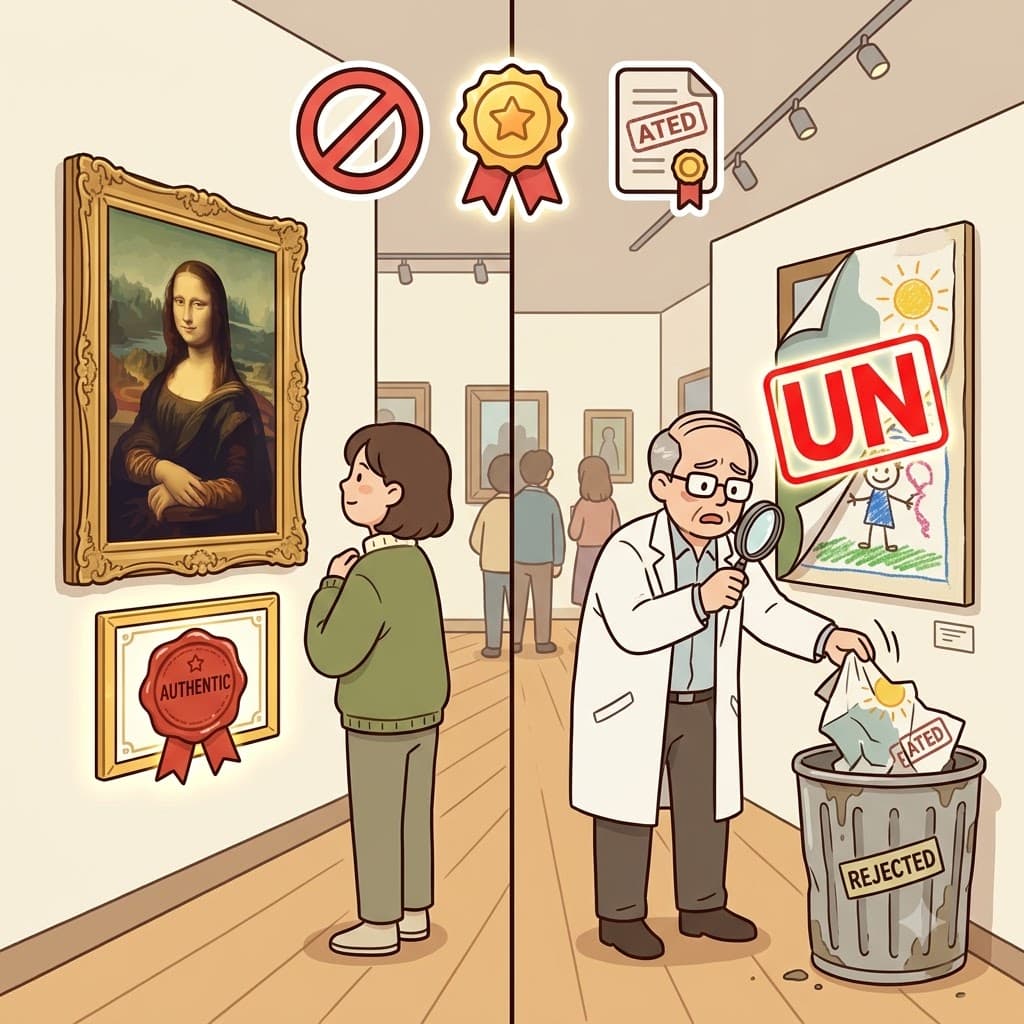 UN(not) + AUTHENTIC(genuine) + ATED(state) — discovering the painting was in a state(ATED) of being completely UN(not) AUTHENTIC(genuine), the museum threw away the unauthenticated artwork.