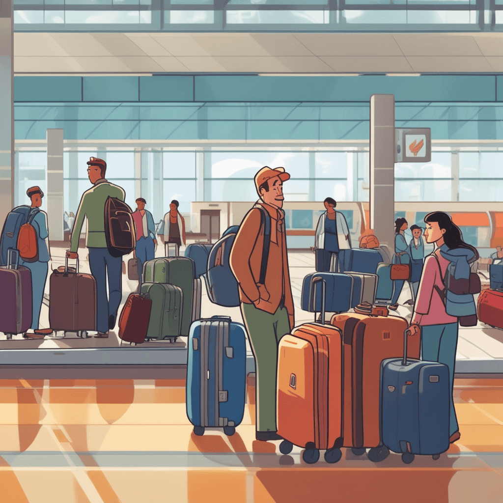 several colorful suitcases sit alone on a slowly moving baggage carousel while travelers walk past them. The bags have been going around and around with no one picking them up. Airport staff members point toward the neglected luggage with concerned expressions. Other passengers collect their own bags from different carousels nearby. A security guard approaches the abandoned suitcases with a clipboard to document them. baggage that has not been collected by their owners at the airport