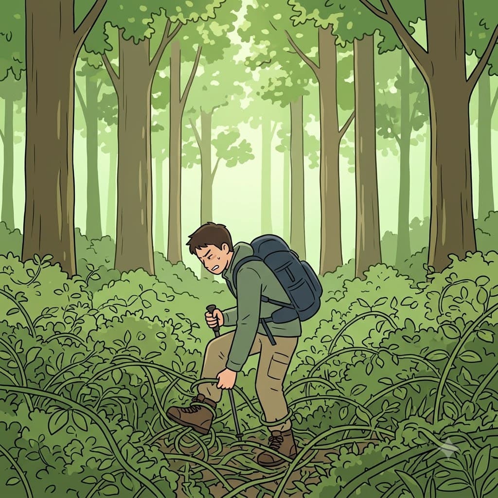 While the tall trees provided cool shade above, the thick underbrush completely tangled the hiker's legs below.