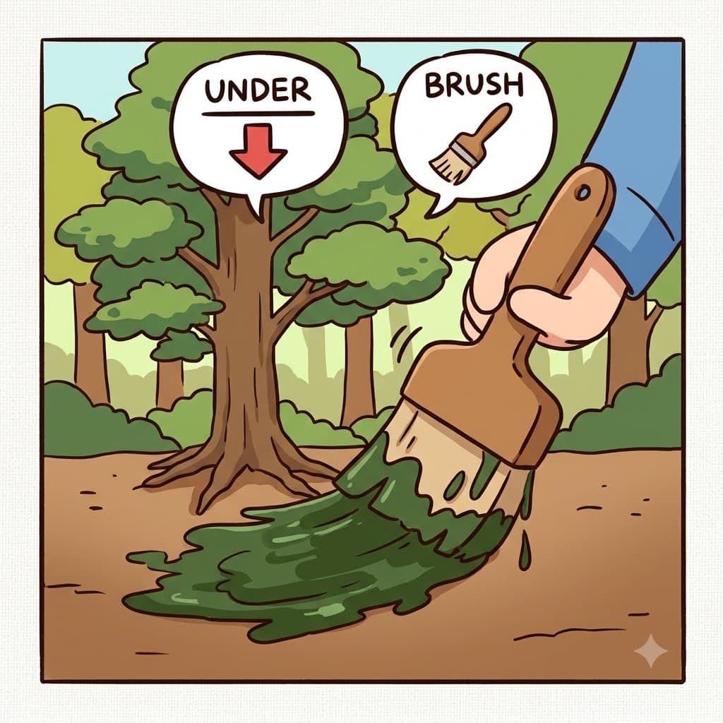 UNDER(beneath) + BRUSH(paintbrush) — the artist used a thick BRUSH to paint dark green shadows UNDER the trees, creating the dense underbrush.