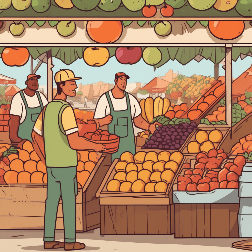 a determined vendor quickly writes lower prices on blank boards above his fresh apples and oranges. He glances at his competitor's higher prices and deliberately marks his fruit cheaper. Customers immediately start walking away from the expensive stand toward the cheaper vendor. The other vendor looks worried as his customers leave while the undercutting vendor smiles confidently. Lines of shoppers form at the cheaper stand while the expensive stand empties out. one vendor selling goods at lower prices than his competitor to win customers