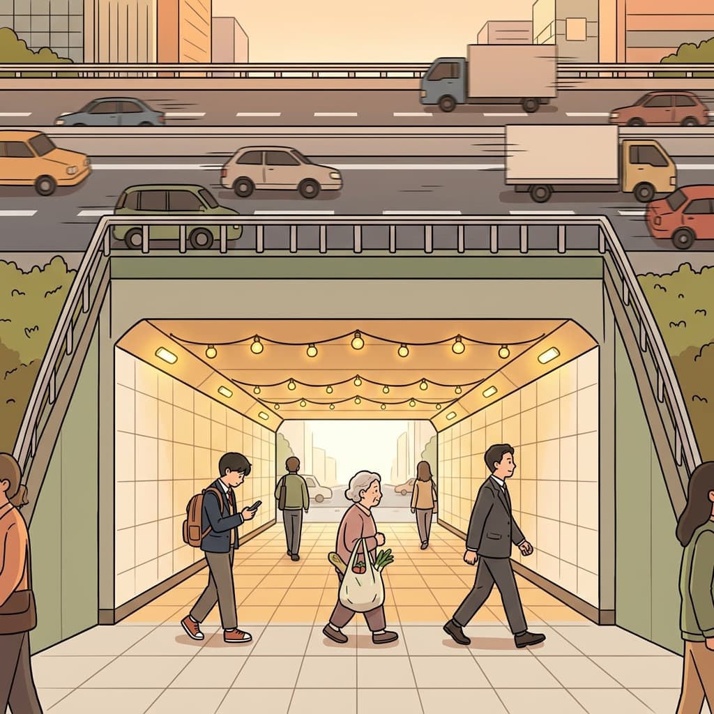 Pedestrians walk safely through the underpass beneath the busy highway above.