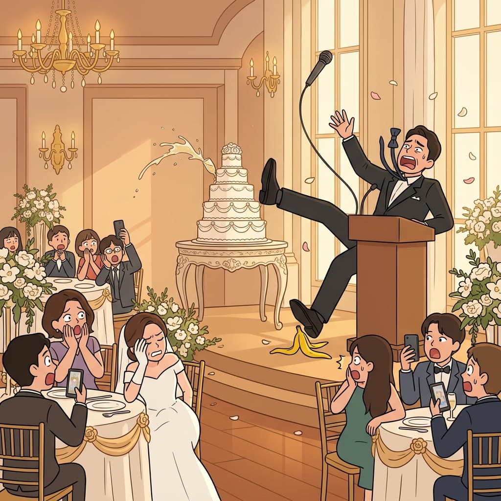 He slipped on a banana peel during his wedding speech, looking utterly undignified.