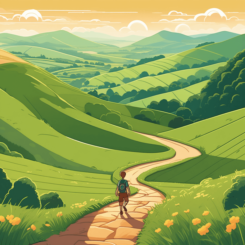 a young hiker walks along a winding path that follows the gentle curves of the hills. The path rises and falls in smooth waves as it moves across the terrain. The rolling hills create a continuous pattern of soft peaks and valleys that flow into each other. Each hill connects seamlessly to the next in graceful curves that seem to ripple across the landscape. A flock of birds flies overhead, following the same wavelike pattern as the hills below. the terrain having a smooth wavelike motion and rising and falling in gentle curves