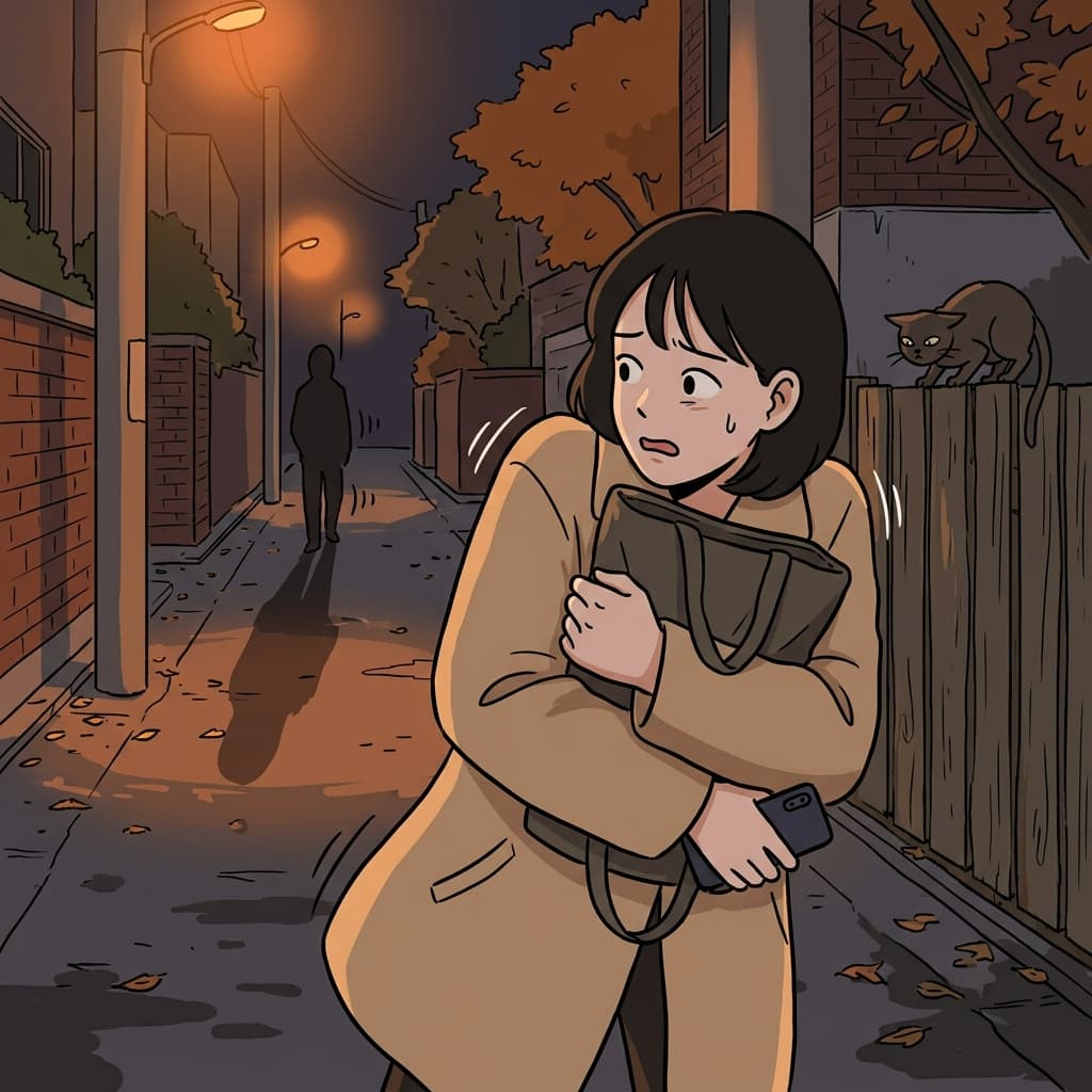 She felt uneasy walking home alone as footsteps echoed behind her.