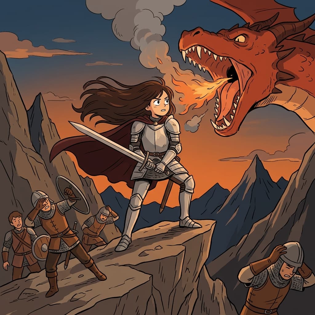 The young knight stood unflinching as the dragon roared inches from her face.