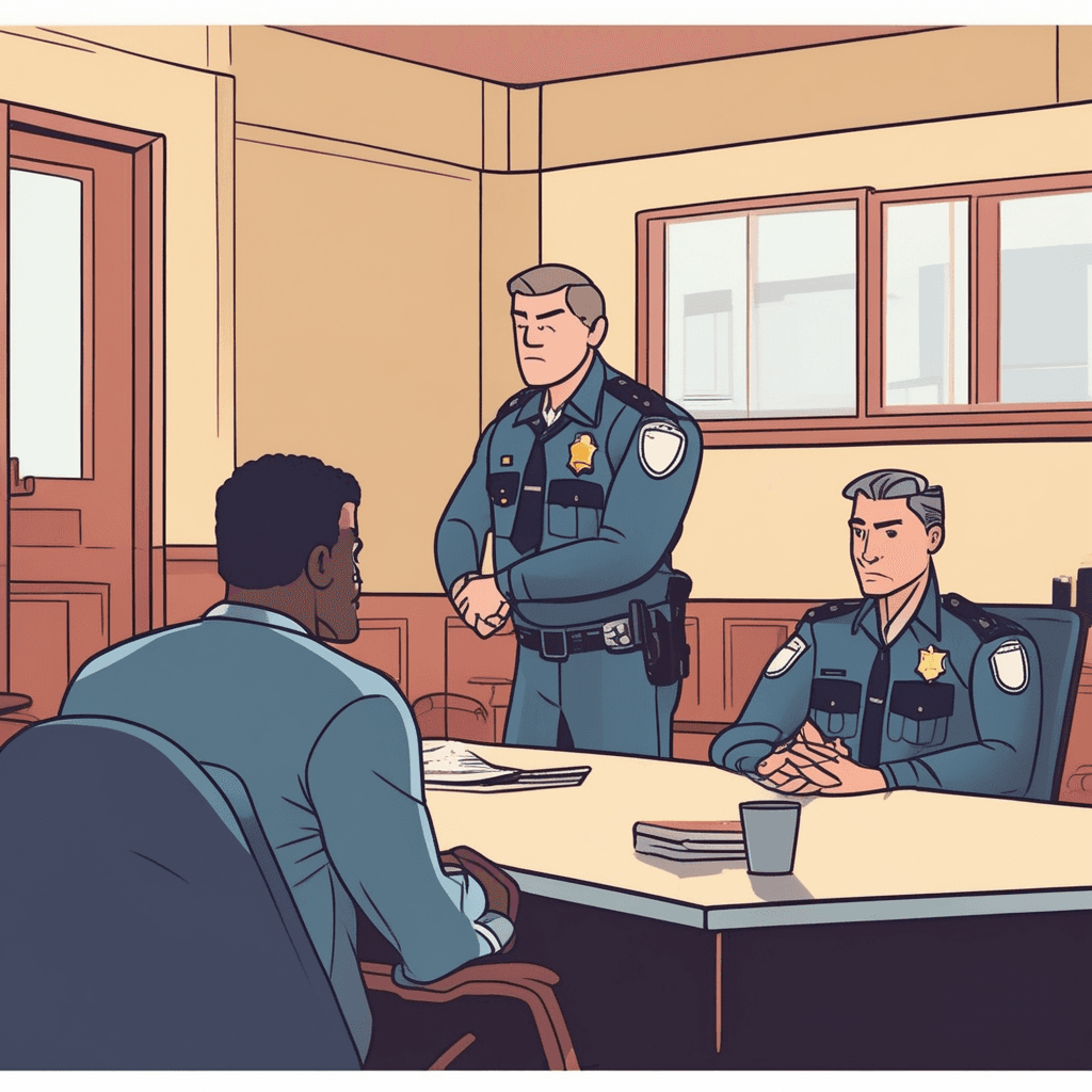a detective leans forward across the table asking questions with an open notebook ready. The suspect sits back in their chair with arms crossed, looking away with a stubborn expression. The detective's frustrated gestures show they're trying to get answers but receiving nothing. The suspect's closed-off body language and averted gaze make it clear they refuse to cooperate. Other officers wait nearby, equally frustrated by the lack of response. someone being unwilling to give information or talk, remaining completely unresponsive