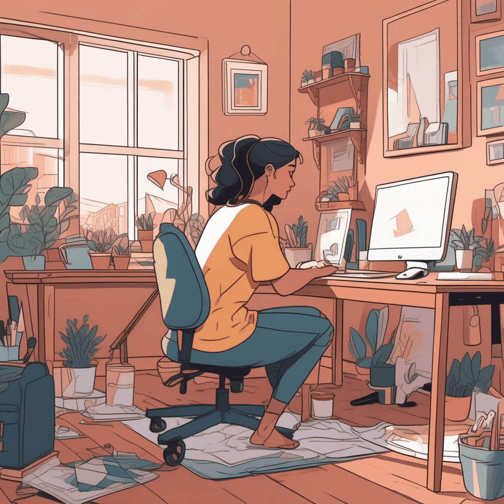 a young woman sits at her cluttered desk staring at multiple half-finished projects spread around her. She holds a paintbrush in one hand while looking at a blank canvas, with dried paint tubes and dusty musical instruments nearby. Behind her, shelves display unread books, an unused guitar, and boxes of craft supplies that haven't been opened. Her expression shows longing and disappointment as she realizes how many dreams she started but never completed. A supportive friend enters the room offering encouragement, but the woman's posture reveals her sense of incompleteness. a person feeling unfulfilled due to unfinished goals and unrealized potential