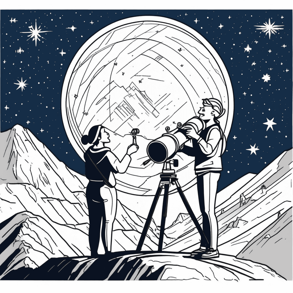 an enthusiastic astronomer adjusts a large telescope while pointing excitedly toward the star-filled sky. Her assistant holds star charts and looks through binoculars at the cosmic display above. The telescope reveals swirling galaxies, bright nebulae, and countless stars stretching endlessly in all directions. Planets, meteor showers, and distant solar systems fill the entire night sky around them. The two scientists stand in awe as they observe layer upon layer of celestial objects extending infinitely outward. all existing matter and space considered as a whole