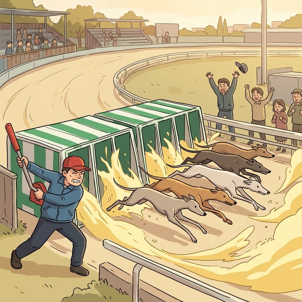 The trainer opens the gate to unleash the racing greyhounds onto the track.
