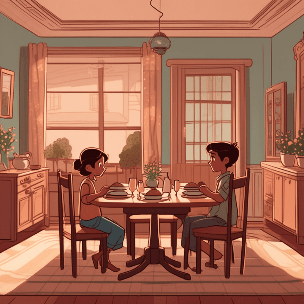 a young child sits alone at a large dinner table with multiple empty chairs around it. The child stares hopefully at the front door with a sad expression while touching an untouched birthday cake. Several plates of cold food sit abandoned on the table as party decorations hang limply overhead. The clock on the wall shows it's very late as shadows grow longer across the room. Family photos on nearby shelves show the missing people who were supposed to be there. needs and expectations that remain not satisfied, fulfilled, or achieved