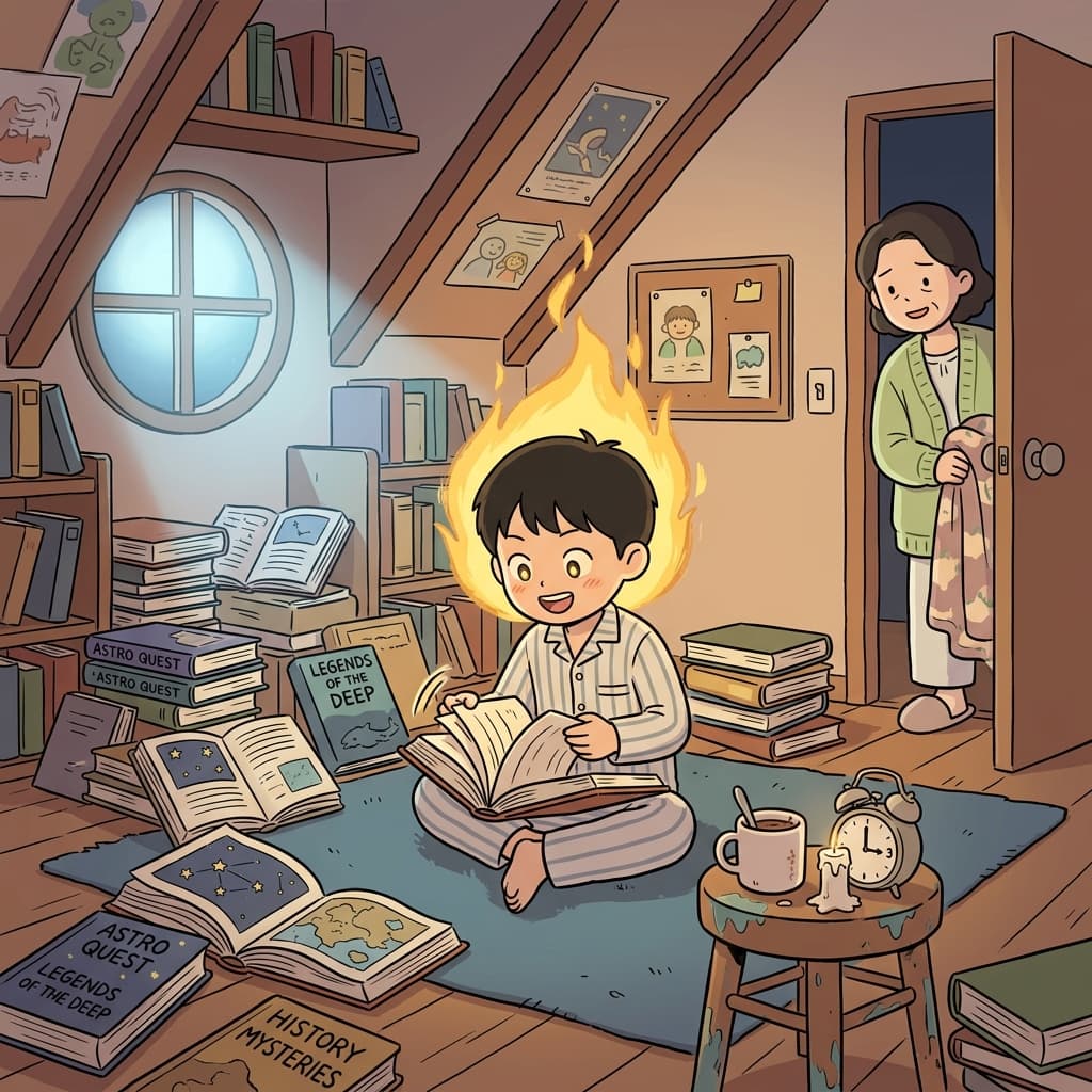 His unquenchable curiosity keeps him reading long past midnight.