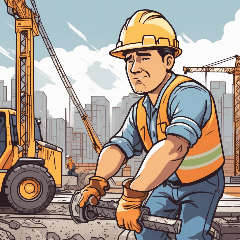 a construction worker operates a jackhammer that pounds continuously into concrete pavement. Sweat drips from his face as he maintains his grip on the vibrating tool that never stops moving. The concrete below shows progressive cracking and breaking from the constant pounding motion. Dust and small debris fly continuously from the impact point as the work progresses without pause. Other workers nearby cover their ears from the non-stop noise while trucks and equipment operate simultaneously in the background. work that never stops or slackens in intensity