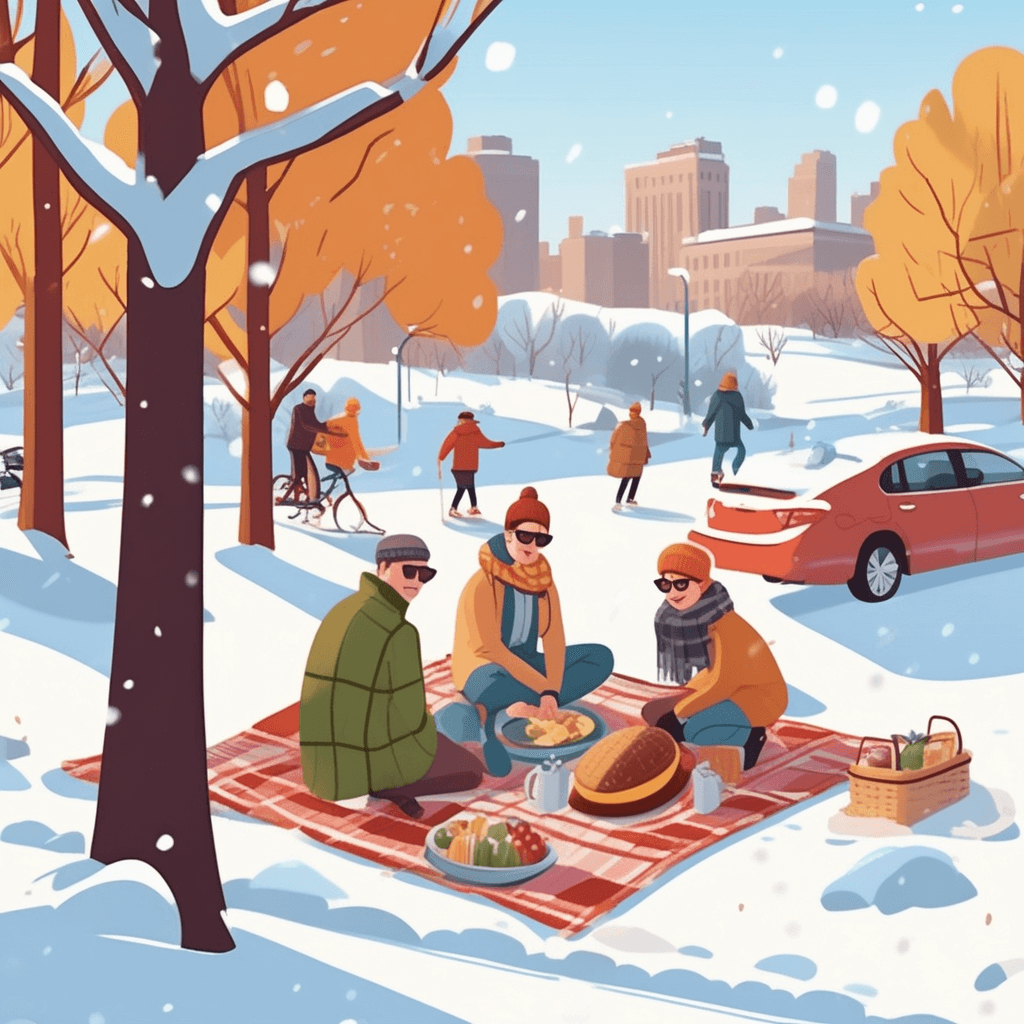 a family spreads out a picnic blanket on snowy ground while wearing summer clothes and sunglasses. The father grills burgers as children play frisbee in shorts and t-shirts. Meanwhile, snow remains piled around bare winter trees and park benches. Other park visitors look confused as they walk by in heavy winter coats while the family enjoys the strange warm day. behavior that is unusual and inappropriate for the current winter season