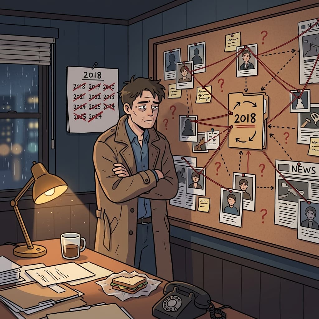 The detective stares at the unsolved case pinned to the wall for years.