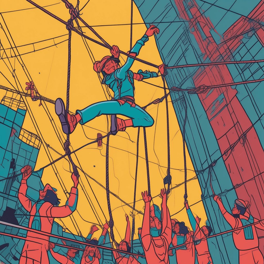 Though unsteady on the rope, the team below stays steady and ready!