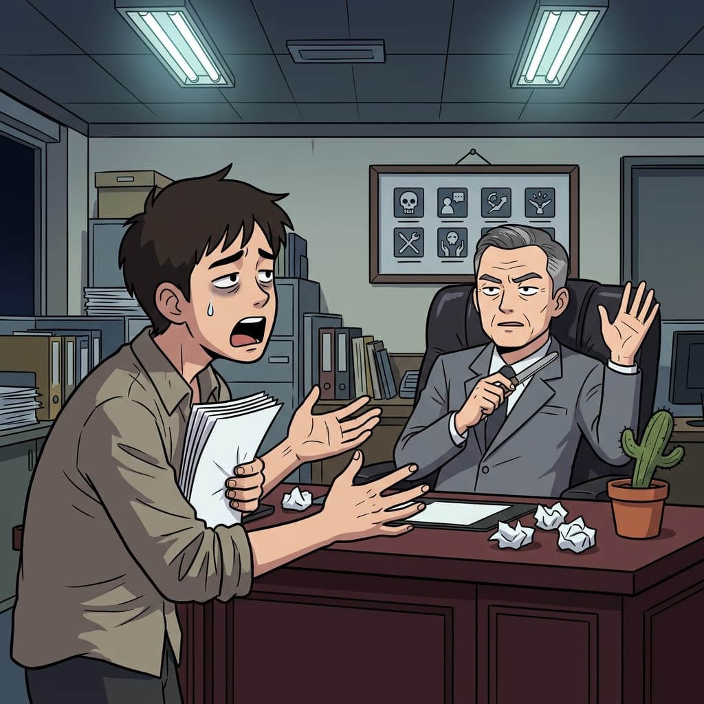 The manager stayed unsympathetic as the exhausted worker begged for one day off.