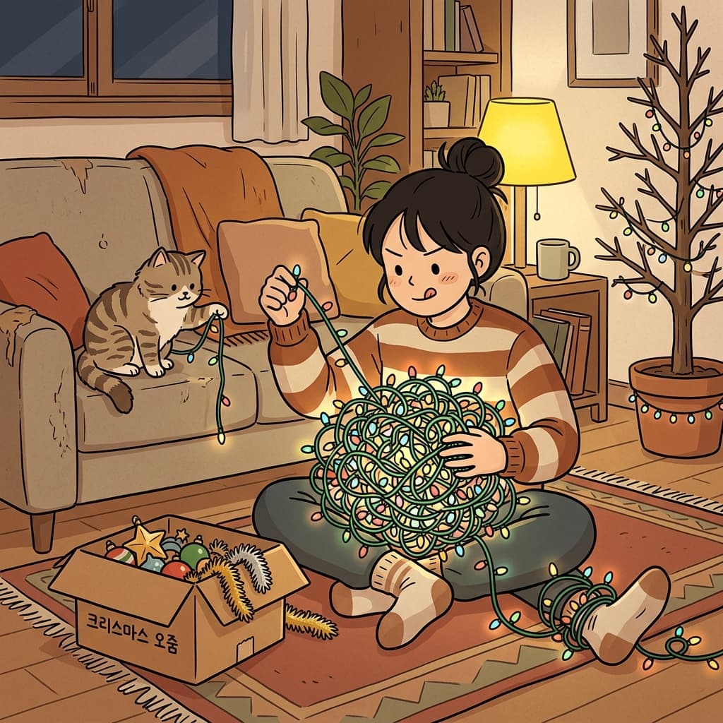 She patiently tries to untangle the mess of Christmas lights before decorating the tree.