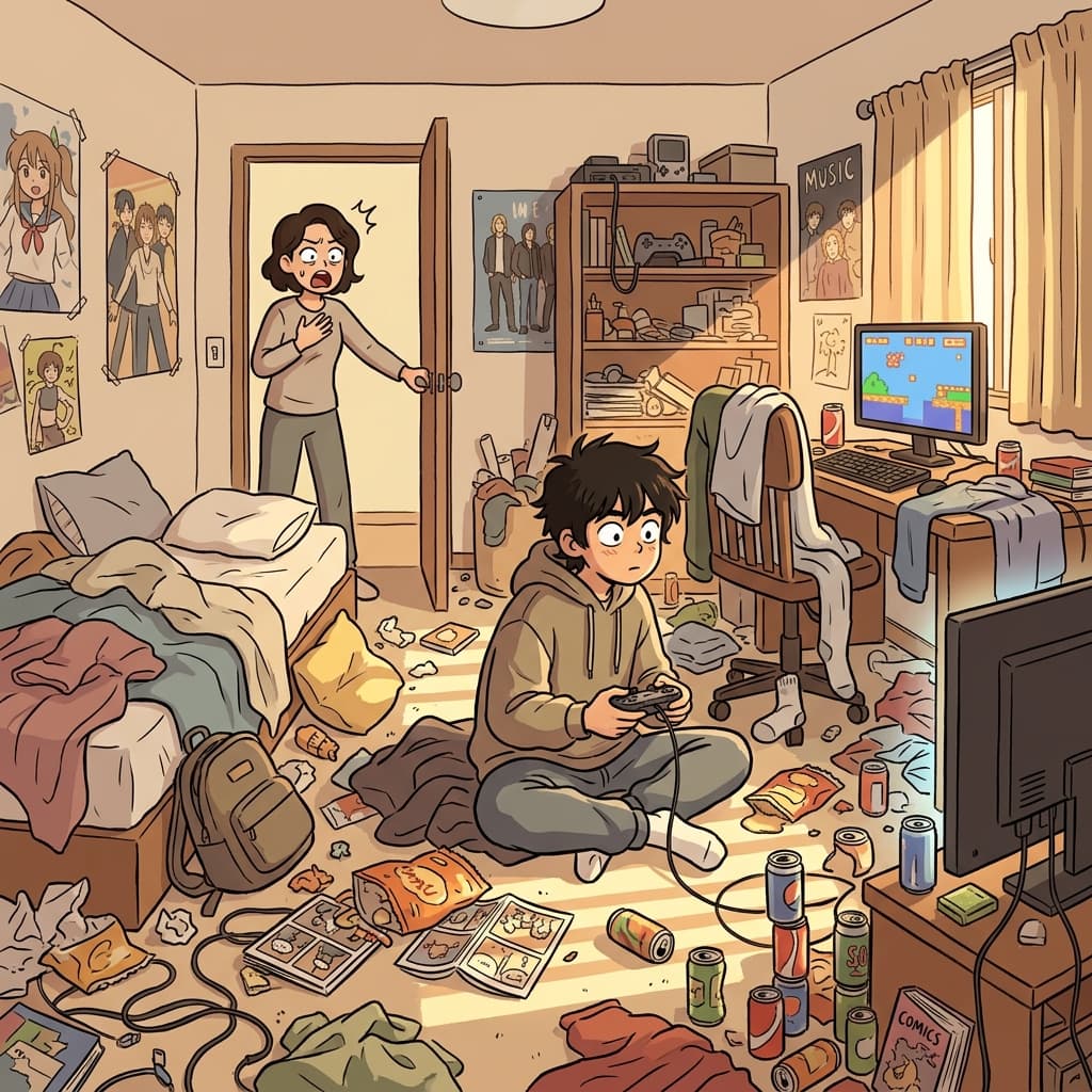 His teenage bedroom looked completely untidy after a whole weekend of gaming.