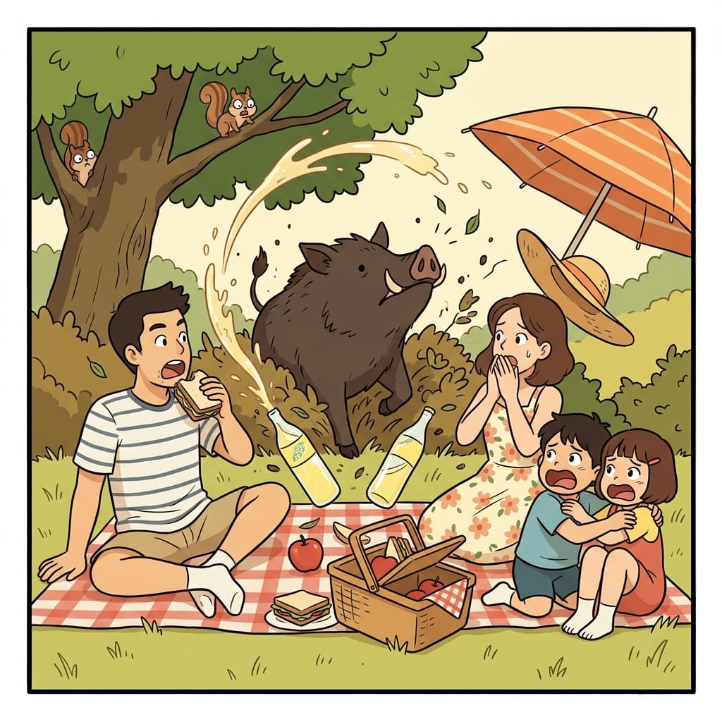 The picnic took an untoward turn when a wild boar charged through the blankets.