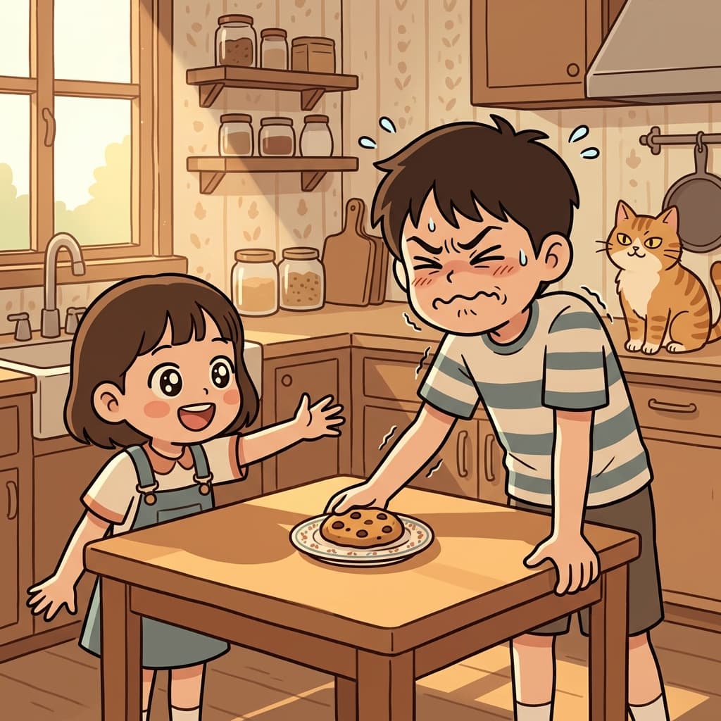 He unwillingly hands over his last cookie to his little sister.