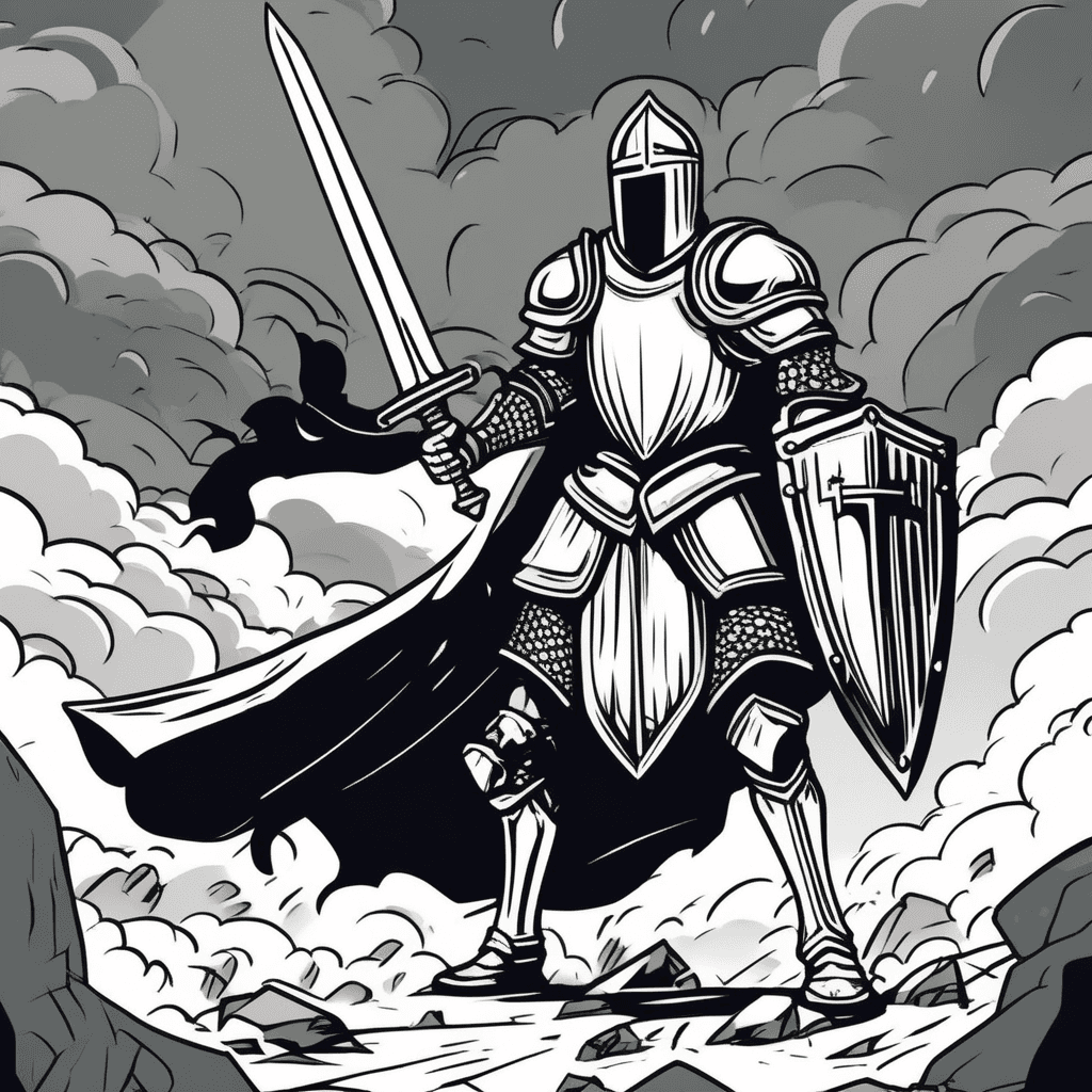 Wielding his sword while shielding others, unyielding in his duty!