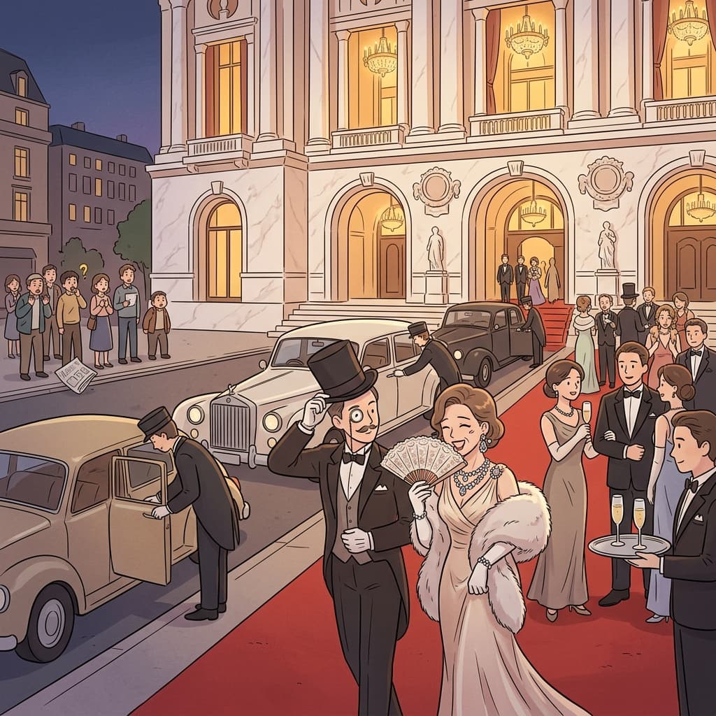The upper class arrives at the opera in silk gowns and chauffeured cars.