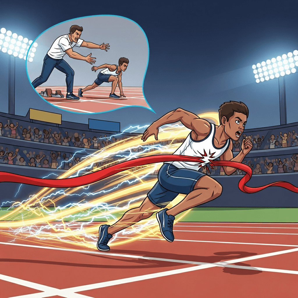 A coach’s urge sparks a surge, and the runner emerges past the finish line first.
