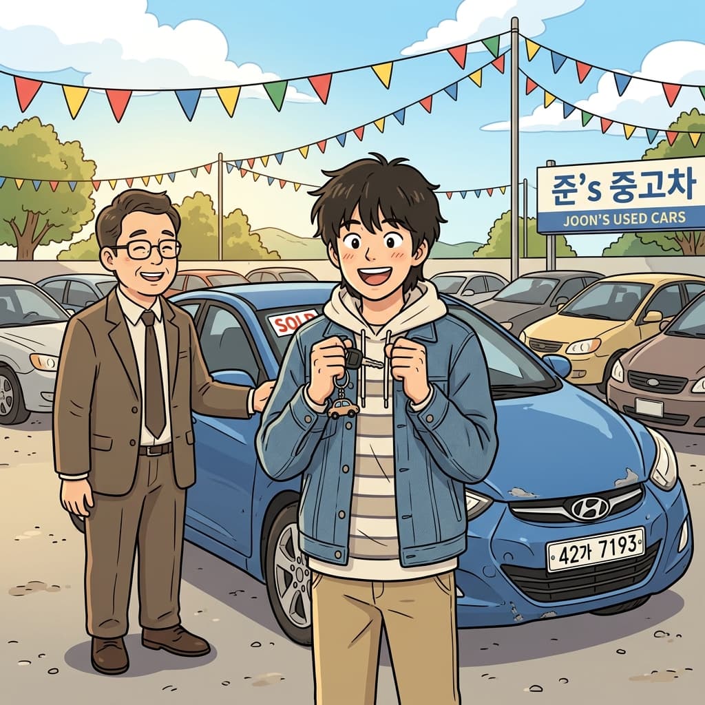 He proudly drives home his first used car from the dealership.