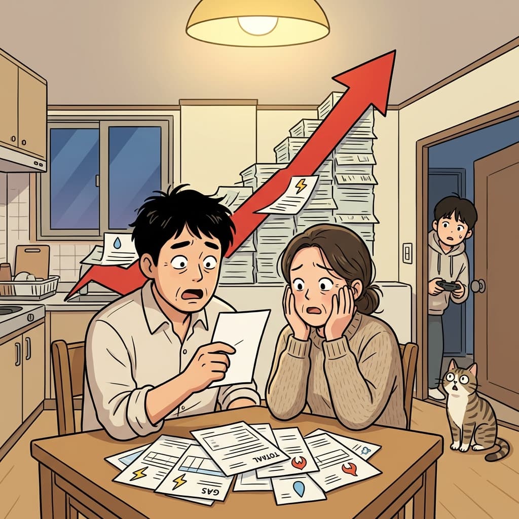 The family stares at the bill as utility rates keep climbing every month.