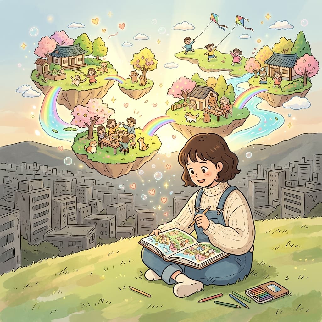 In her sketchbook, she draws a utopia where everyone shares gardens and sunlight.