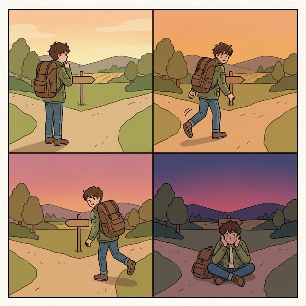 The vacillating traveler couldn't choose between the two roads.