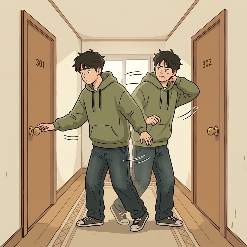 The vacillating man paced between the two doors. (vessel rocking... left... right... left... right...)