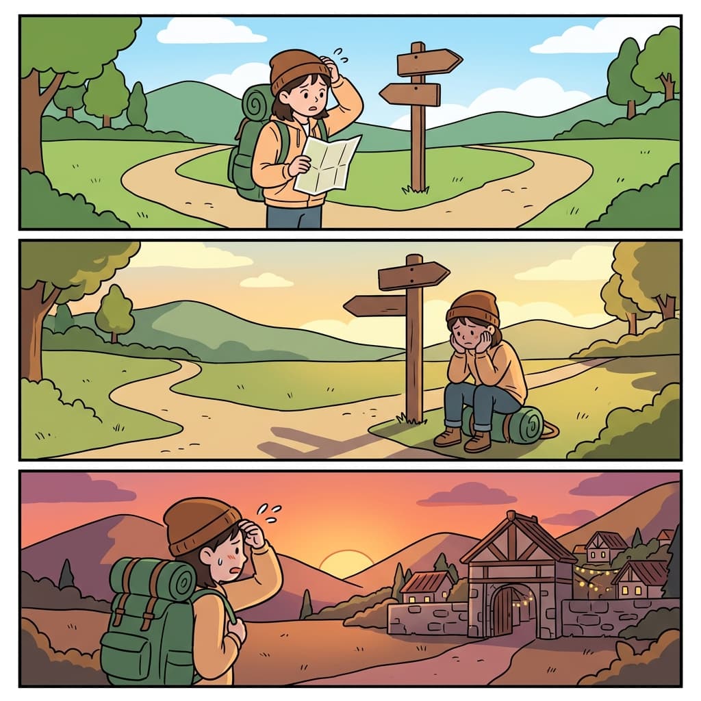 The vacillating traveler kept hesitating before finally navigating the right path.