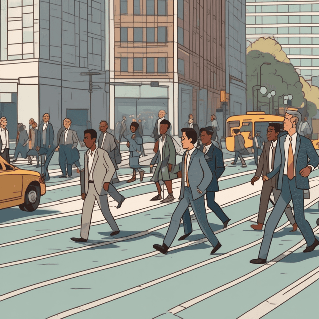 a businessman suddenly changes direction multiple times while crossing the street, first heading straight then abruptly turning left toward oncoming traffic. He then spins around and walks backward before randomly darting right toward the sidewalk. His briefcase papers scatter in different directions as he moves unpredictably. Other pedestrians step back with confused expressions, trying to avoid his erratic path. A crossing guard reaches out uncertainly, unable to predict which way the man will go next. behavior that is erratic and unpredictable in direction