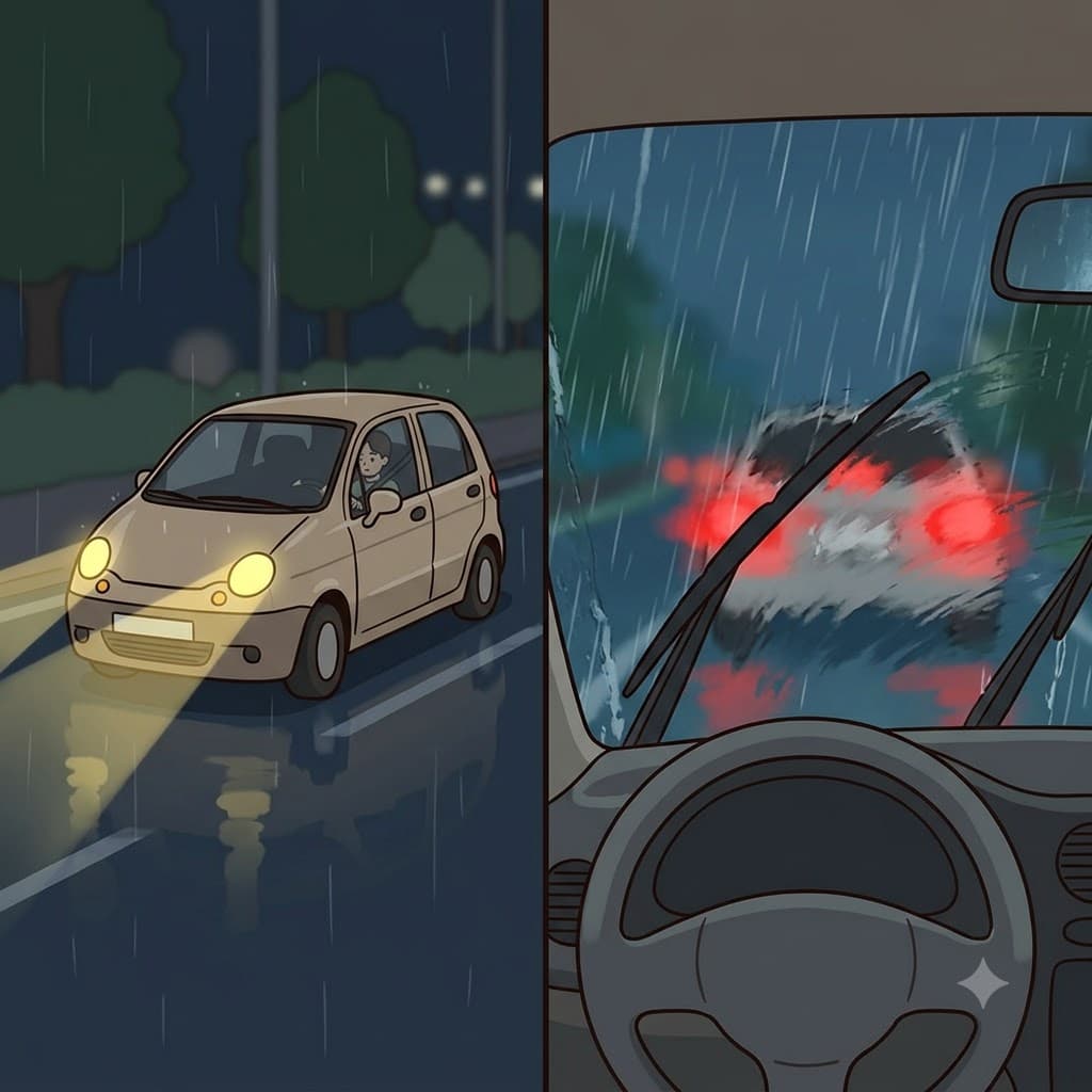 The vague red taillights reminded the driver to stay safe in the heavy rain.