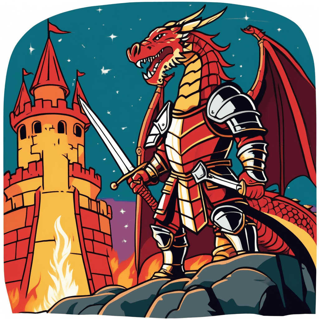 Knight showing courage against dragon